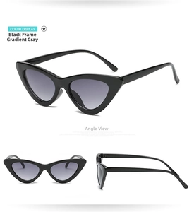Three perspectives of retro black cat eye sunglasses with grey gradient lenses for women