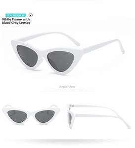 Three-angle view of retro white cat-eye sunglasses with dark grey UV protective lenses