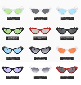Detailed grid view showcasing twelve vintage cat eye sunglasses in various color combinations