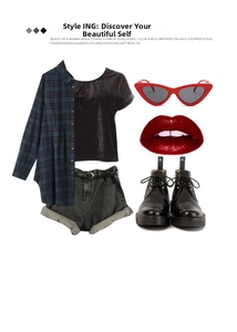 Chic styling set featuring vintage red cat eye sunglasses with retro denim shorts