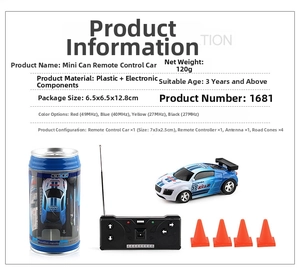 Blue mini RC car set in coke can packaging with controller and orange road blocks