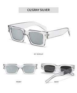 Three-way view of square gray silver mirrored sunglasses showing front and side angles