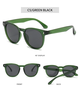 Three views of dark green oval polarized sunglasses with high-quality translucent frames