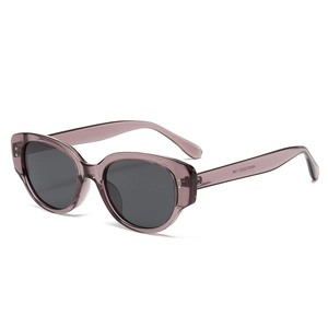 Fashionable Y2K purple translucent sunglasses with rivets and polarized dark gray lenses