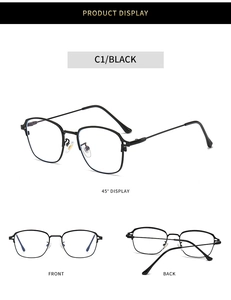 Detailed views of stylish black square metal frame glasses from front, back, and 45-degree angle
