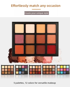 Close-up of 12-color eyeshadow palette with matte and shimmer textures and powder splash