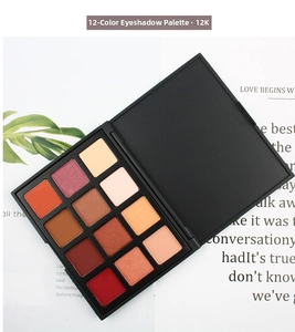Detail of 12-color warm earth tone eyeshadow palette with matte and shimmer textures