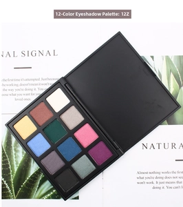 Detail of 12-color eyeshadow palette with matte and shimmer shades on fashion magazine