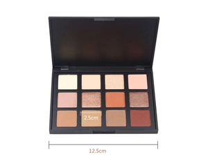 Detailed dimensions of the 12-color warm tones eyeshadow palette with matte and pearl finishes