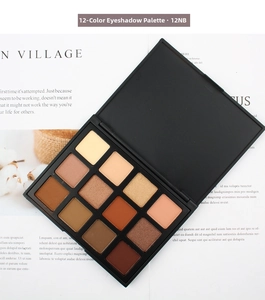 Detail of 12-color earth tone eyeshadow palette with matte and shimmer shades on a magazine