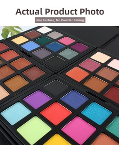 Detailed grid of 48-color eyeshadow palette with warm earth and smoky matte shimmer tones
