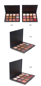 Detail view of 12-color eyeshadow palettes showing matte and shimmer earthy tones