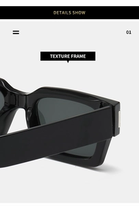 Macro shot of durable hinges and premium acetate texture on black square sunglasses