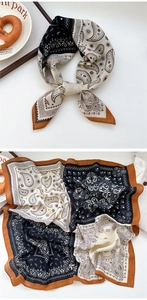Detailed paisley pattern on elegant silk scarf with chic brown and beige splicing