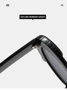Detail of secure mirror shaft and metal hinge on black Pegasus style sunglasses