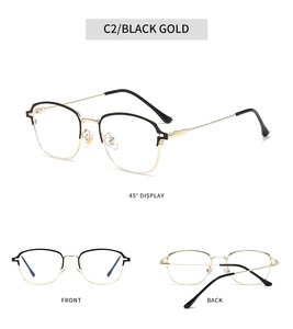 Detail view of stylish square black and gold metal eyeglass frames with C2 color code