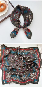 Detail view of charcoal grey paisley square scarf with vintage bohemian pattern prints