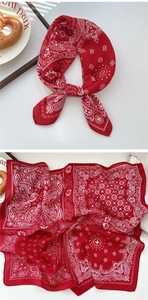 Close-up of red paisley bandana showing classic vintage patterns and floral details