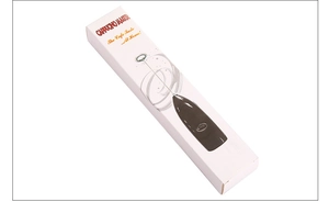 Electric milk frother displayed in its minimalist white gift packaging for home use