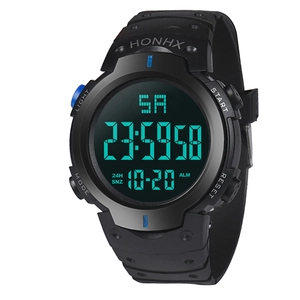Black digital sports watch with round negative display and silicone band by HONHX