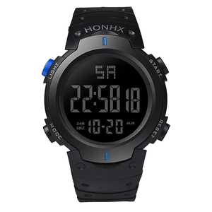 Digital sport watch for men with black LED screen and blue function buttons