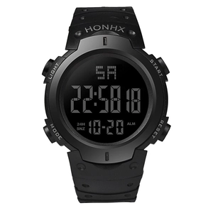 Men's large digital sports watch with black silicone strap and negative display screen