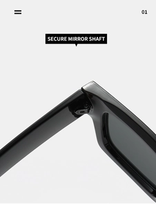 Detailed close-up of the secure metal hinge and glossy black frame on square sunglasses