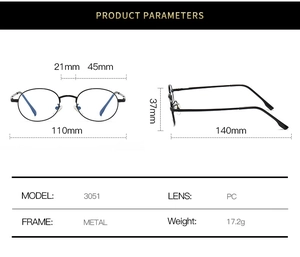 Detailed size specifications for oval metal frame glasses weighing only 17.2g