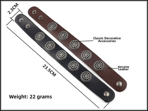Detail view of black and brown genuine leather bracelets with metal studs and sizing info