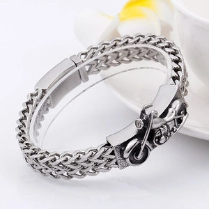 Vintage silver stainless steel men's bracelet with motorcycle engine link design