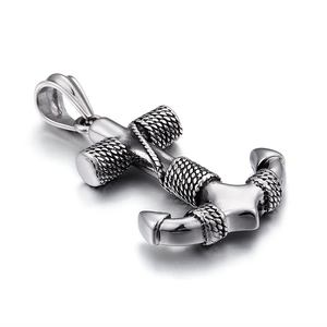 Polished titanium steel nautical anchor pendant with detailed rope texture in silver