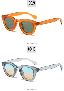 Detail view of oval thick frame sunglasses in orange and transparent grey colors