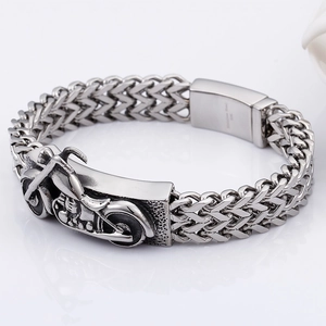 Mens vintage stainless steel motorcycle chain bracelet with embossed biker details