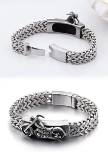 Close-up of vintage biker bracelet with intricate motorcycle relief and wheat chain