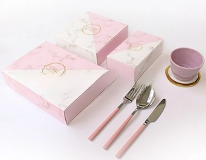Pink marble gift box set with gold stamping and stainless steel cutlery set detail