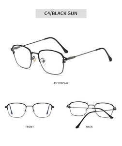 Detailed views of the retro square metal glasses frame in Black Gun finish from three angles