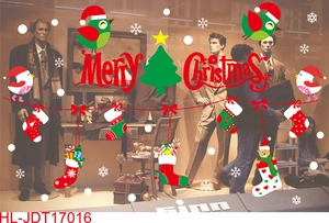 Detailed shop window view of Merry Christmas electrostatic stickers with festive stockings
