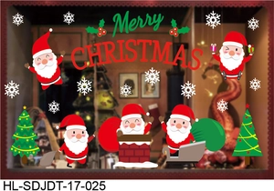 Detail of Christmas window stickers featuring Santa Claus, snowflakes and Merry Christmas text