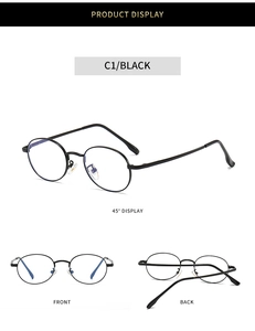 Detailed multi-angle views of black oval metal eyewear frame with sleek temples and nose pads