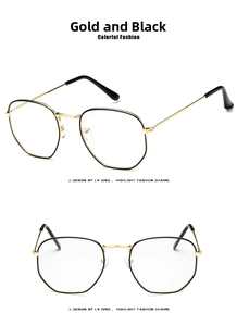 Detail view of retro square black frames with gold metal temples and nose pads