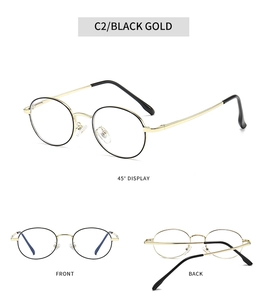 Three-angle views of retro oval blue light glasses frames in C2 black gold metal