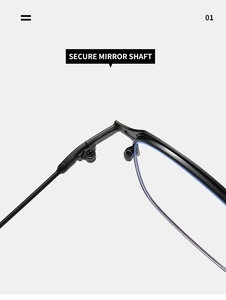 Detail macro view of secure metal mirror shaft and hinge on matte black square frame glasses