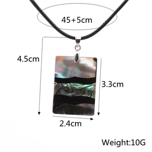 Rainbow shell rectangular pendant necklace with black cord and precise measurements