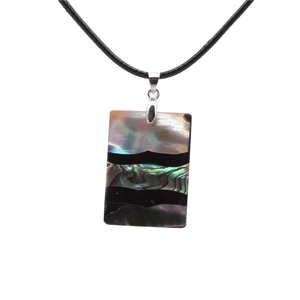 Rectangular New Zealand abalone shell pendant necklace with rainbow colors on black cord