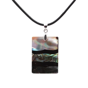 Pendant Necklace Rectangular Rainbow Abalone Shell Black Stripe Pattern Rope Chain Geometric Jewelry Unisex