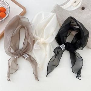 Three sheer solid organza scarves in brown beige and black with lace love embroidery