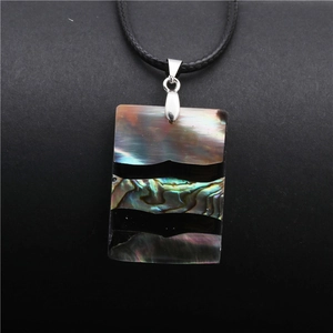 Rectangle abalone shell pendant with black stripes on a black rope cord necklace