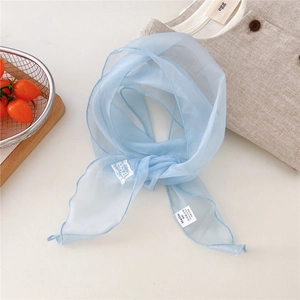 Detail of light blue sheer chiffon scarf showing high-quality stitching and woven label