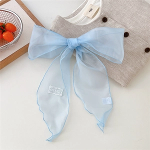 Detail of light blue organza ribbon with white embroidery on a textured fabric background