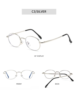 Detailed views of silver oval metal glasses frames showing front, back and 45 degree angles
